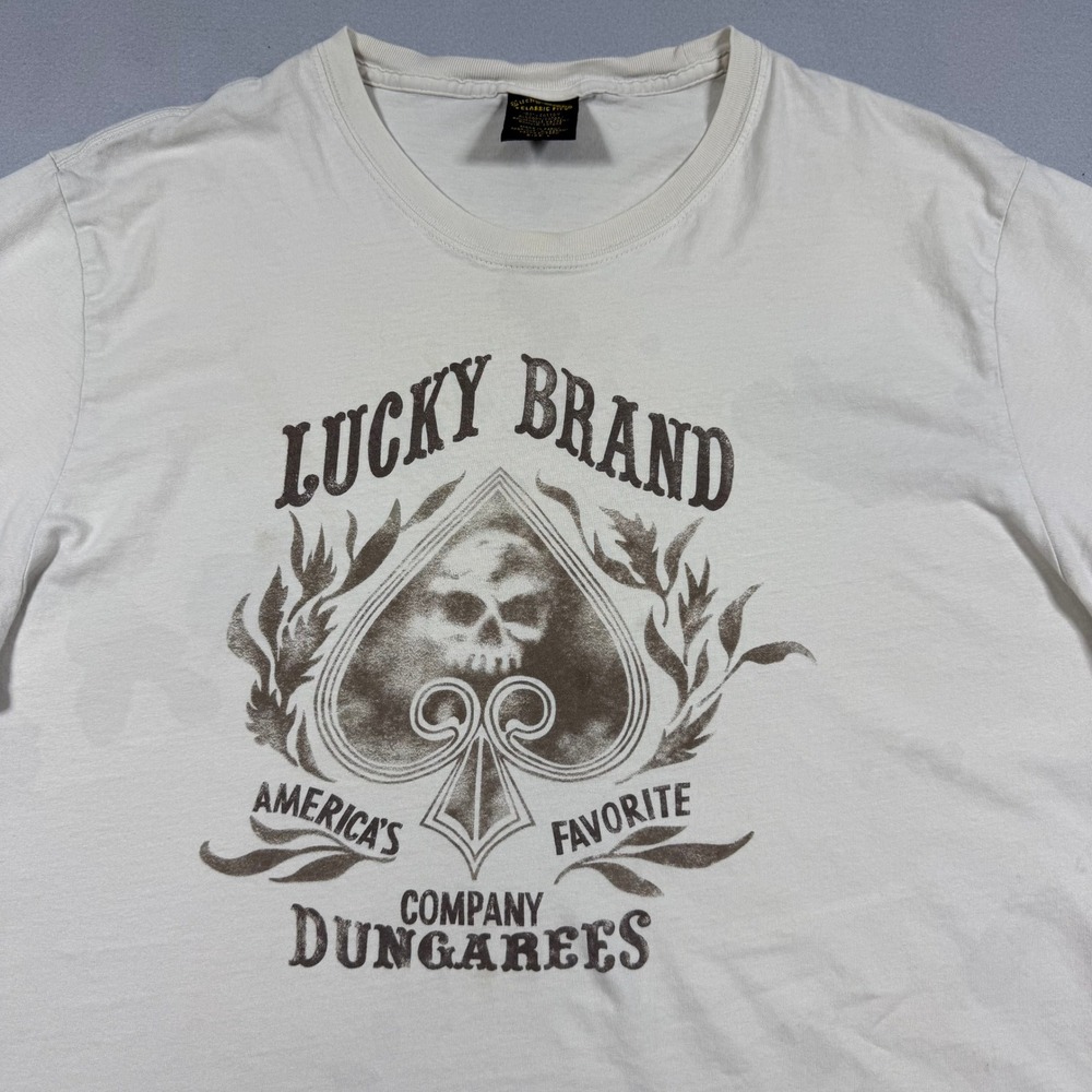 Lucky Brand T-Shirt Mens Classic Fit L Cream Skull Ace of Spades Graphic Excel